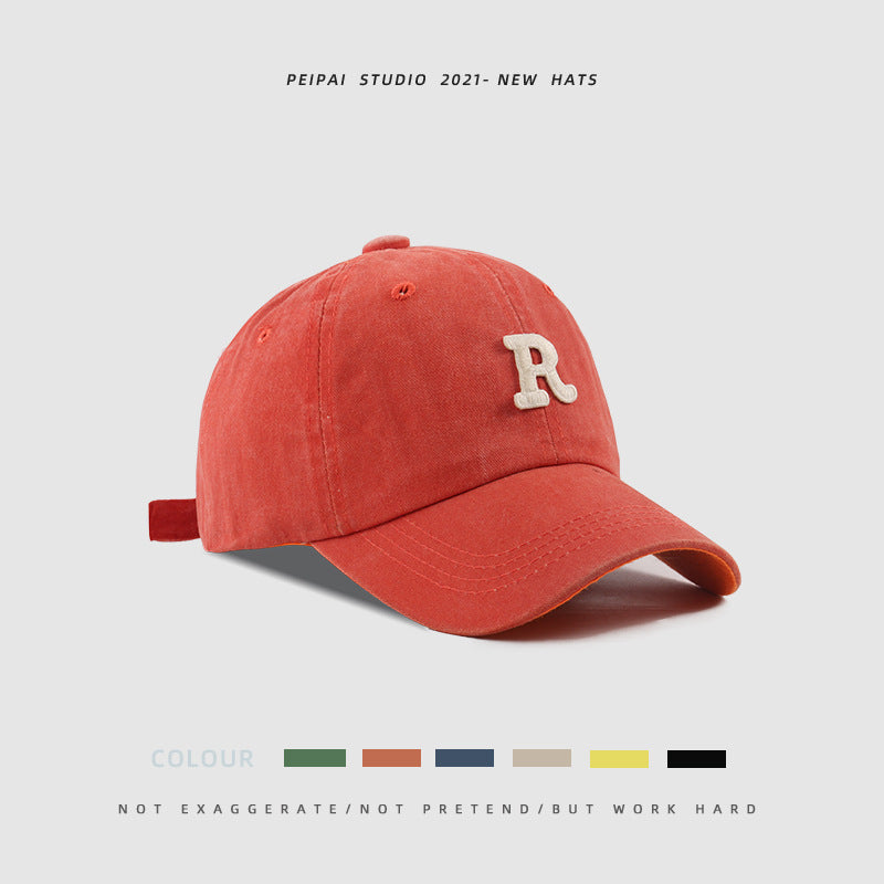 Washed Letter R Stick Ball Cap Casual Patch Sun Hat