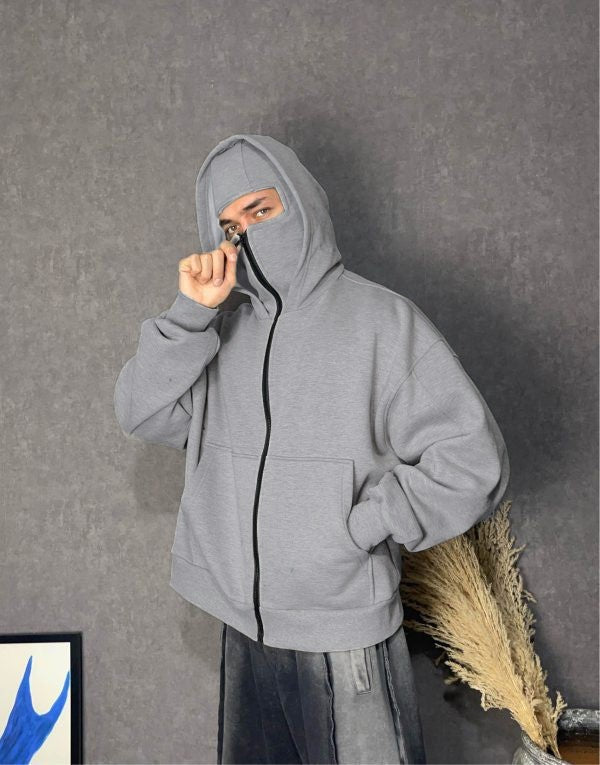 Double-layer Masked Hooded Loose Zip Men's Solid Color Hoodie