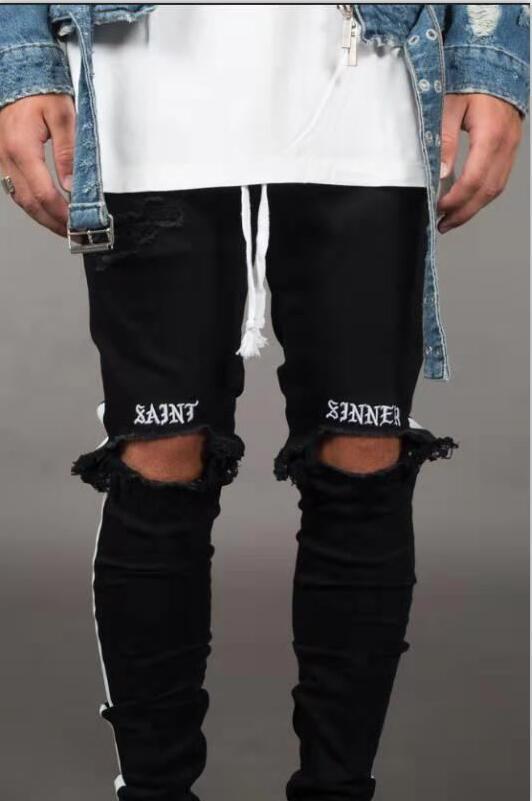 Trendy Men's Ripped Jeans Knee Holes Skinny Slim Fit Denim Pants Destroyed Frayed Trousers Fashion Design Side Stripe Black Jean