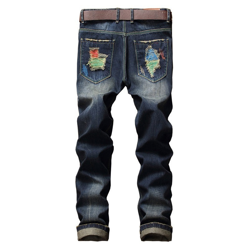 European and American street personality paint jeans men's hole straight jeans