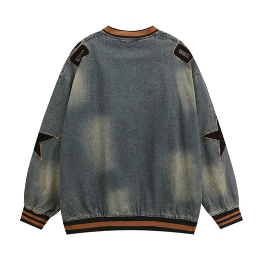 National Tide Five-pointed Star Letter Flocking Embroidered V-neck Denim Hoodie