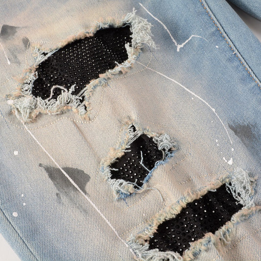 Rhinestone Patch Slim Fit Straight Ripped High Street Jeans