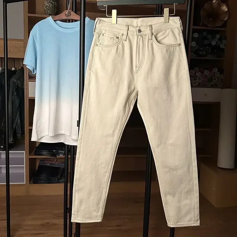 Male Cowboy Pants Beige Jeans for Men Graphic Trousers Embroidery Tapered Stacked Stylish Clothes Y2k 2000s Cotton Soft Designer
