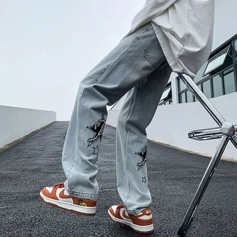 Korean Men's Spring and Autumn 2024 New Splicing Elasticized High-waisted Pocket Printed Fashion Loose Casual Straight Jeans