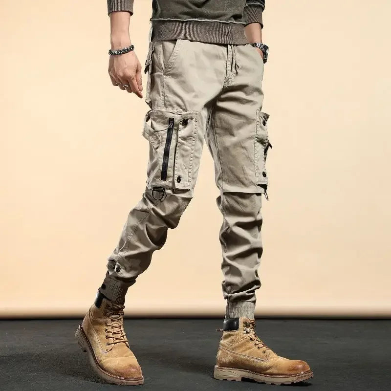 Khaki Biker Multipockets Autumn Motorcycle Cargo Pants for Men Multi Pocket Trousers Man Loose Large Size Cheapest Long Nylon