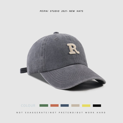 Washed Letter R Stick Ball Cap Casual Patch Sun Hat