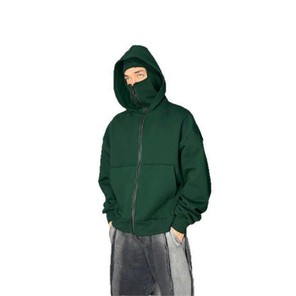 Double-layer Masked Hooded Loose Zip Men's Solid Color Hoodie
