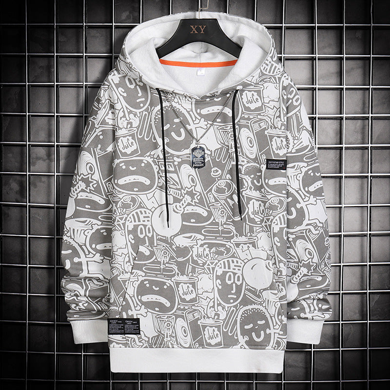 Fashion Cartoon Matching Print Casual Sports Hooded Sweater Male