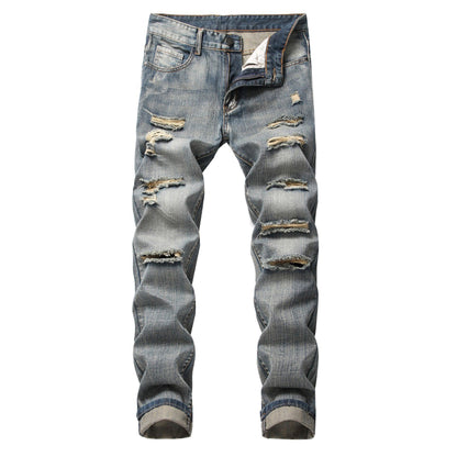 Men's Ripped Straight Slim Fit Non-stretch Jeans