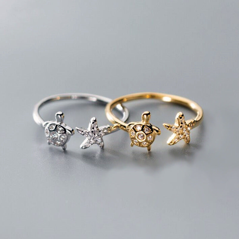 Graceful Mori Inlaid Zircon Cute Animal Turtle Starfish Ring For Women