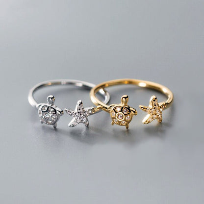 Graceful Mori Inlaid Zircon Cute Animal Turtle Starfish Ring For Women