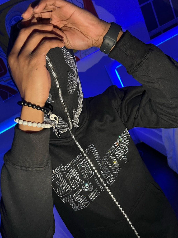 Niche Style Street Art Rhinestone Personality Sweater INS Autumn Trend Loose Warm Hooded Jacket