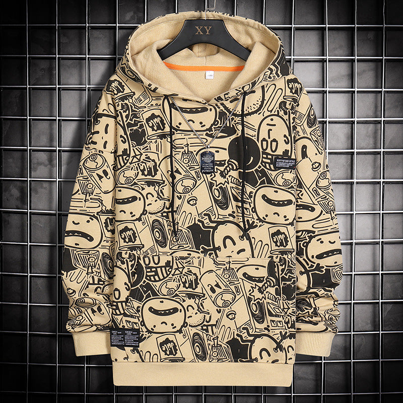 Fashion Cartoon Matching Print Casual Sports Hooded Sweater Male