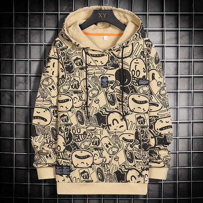 Fashion Cartoon Matching Print Casual Sports Hooded Sweater Male