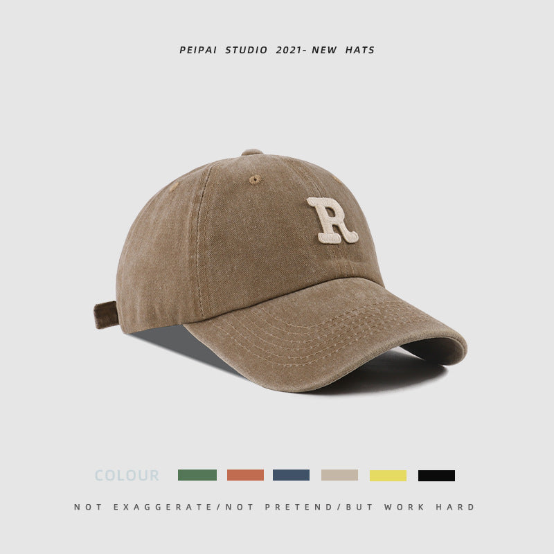 Washed Letter R Stick Ball Cap Casual Patch Sun Hat