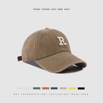 Washed Letter R Stick Ball Cap Casual Patch Sun Hat