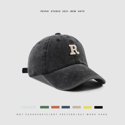 Washed Letter R Stick Ball Cap Casual Patch Sun Hat