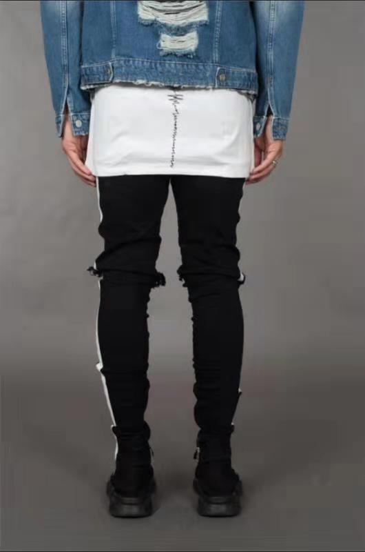 Trendy Men's Ripped Jeans Knee Holes Skinny Slim Fit Denim Pants Destroyed Frayed Trousers Fashion Design Side Stripe Black Jean