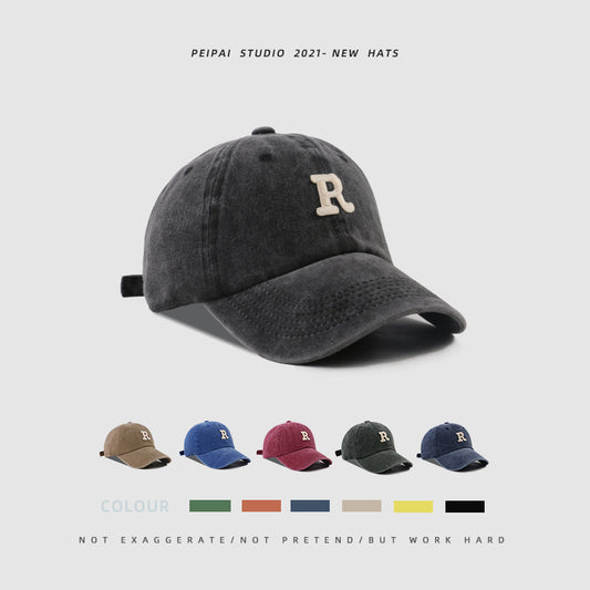 Washed Letter R Stick Ball Cap Casual Patch Sun Hat