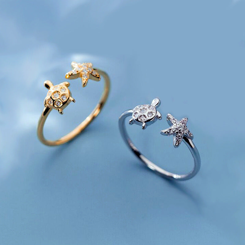 Graceful Mori Inlaid Zircon Cute Animal Turtle Starfish Ring For Women