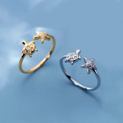 Graceful Mori Inlaid Zircon Cute Animal Turtle Starfish Ring For Women