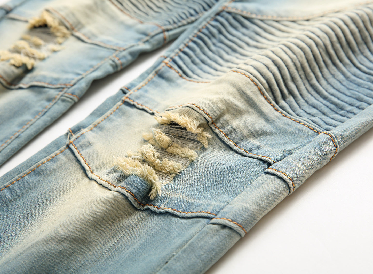 Cross border special for men's zipper, jeans, broken holes, dragging the yellow, nostalgic men, Europe and America high street stretch pants