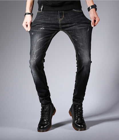 Fall New Jeans Men's Korean Edition Fashion Slim Bottom Pants Young Students Elastic Black Pants