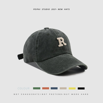 Washed Letter R Stick Ball Cap Casual Patch Sun Hat