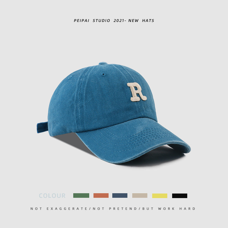 Washed Letter R Stick Ball Cap Casual Patch Sun Hat