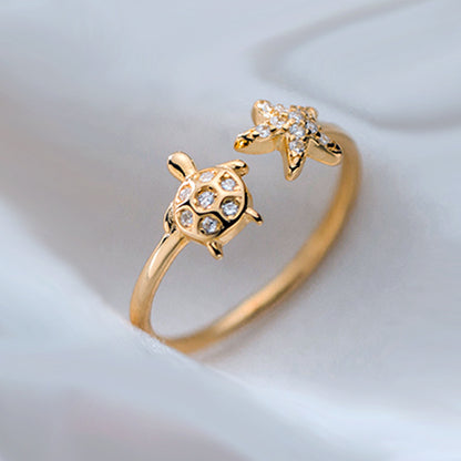 Graceful Mori Inlaid Zircon Cute Animal Turtle Starfish Ring For Women