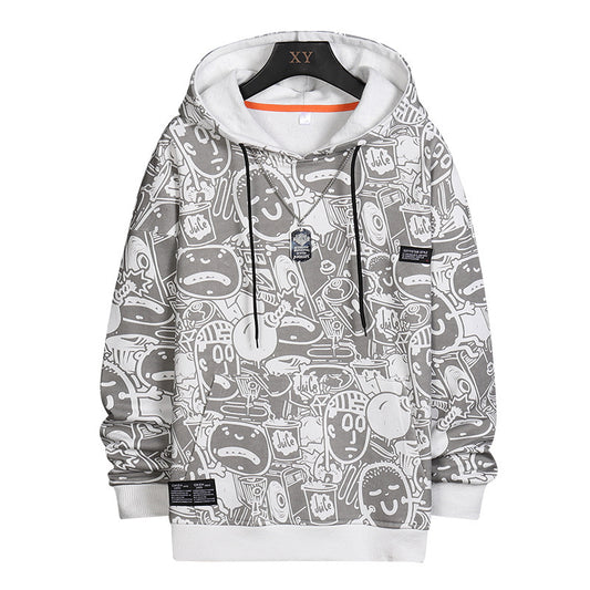 Fashion Cartoon Matching Print Casual Sports Hooded Sweater Male