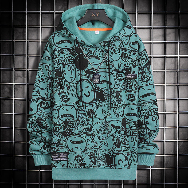 Fashion Cartoon Matching Print Casual Sports Hooded Sweater Male