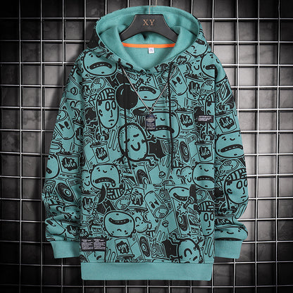 Fashion Cartoon Matching Print Casual Sports Hooded Sweater Male