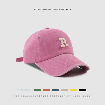 Washed Letter R Stick Ball Cap Casual Patch Sun Hat
