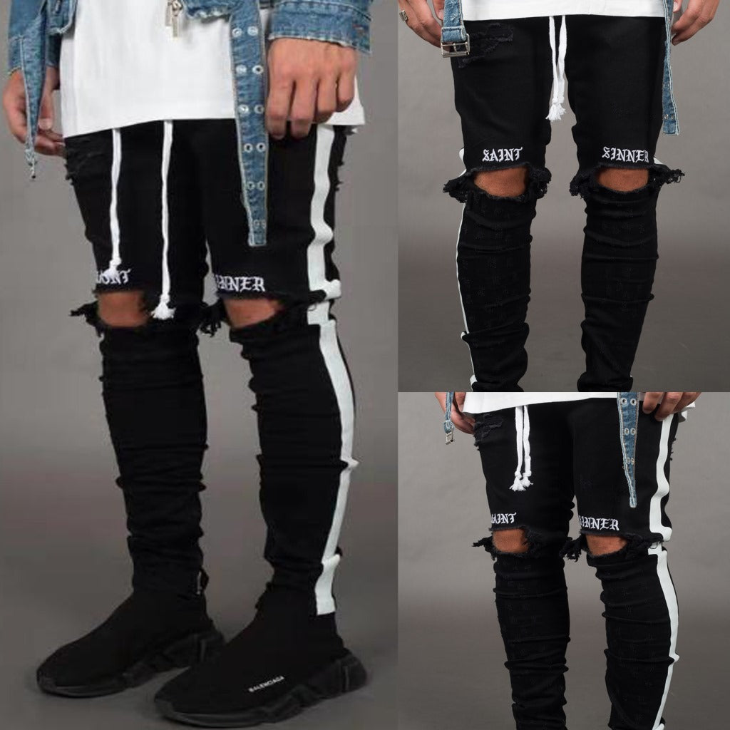Trendy Men's Ripped Jeans Knee Holes Skinny Slim Fit Denim Pants Destroyed Frayed Trousers Fashion Design Side Stripe Black Jean