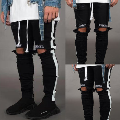 Trendy Men's Ripped Jeans Knee Holes Skinny Slim Fit Denim Pants Destroyed Frayed Trousers Fashion Design Side Stripe Black Jean