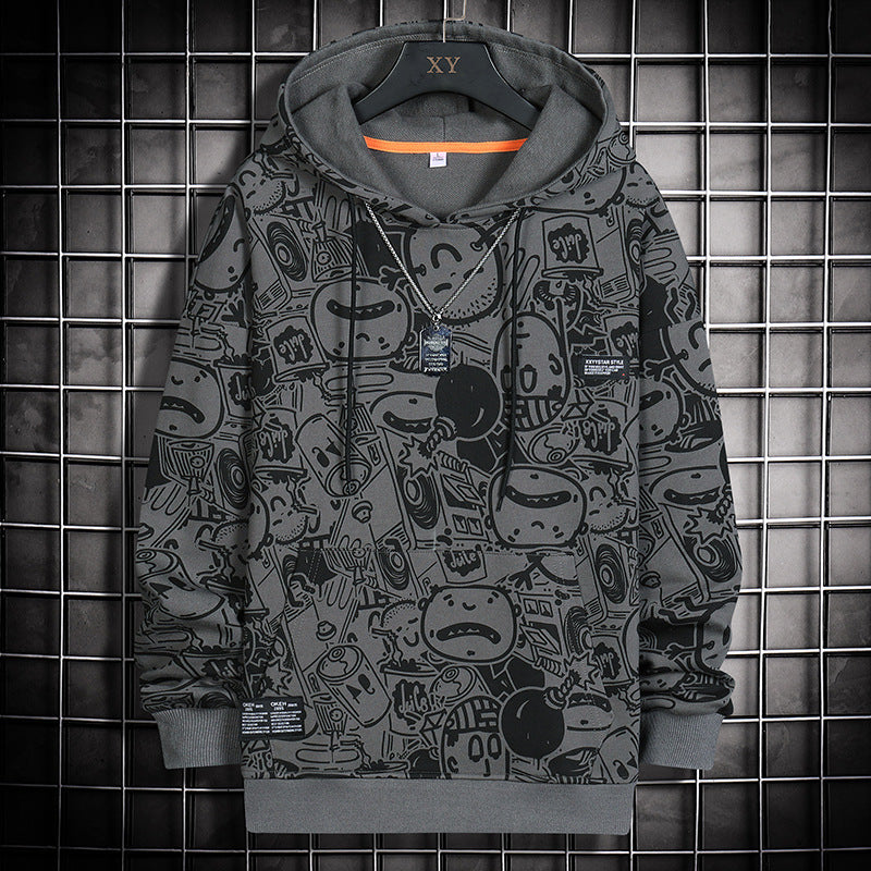 Fashion Cartoon Matching Print Casual Sports Hooded Sweater Male