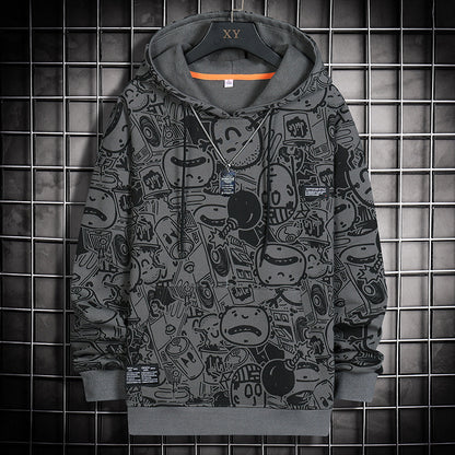 Fashion Cartoon Matching Print Casual Sports Hooded Sweater Male