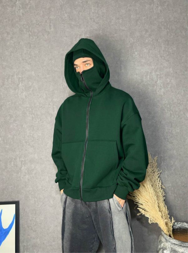 Double-layer Masked Hooded Loose Zip Men's Solid Color Hoodie