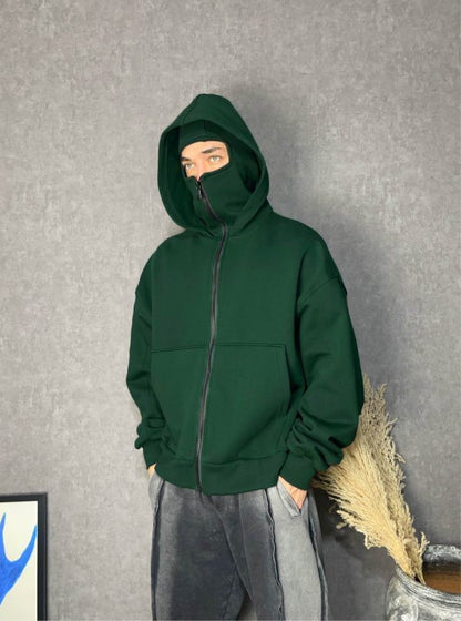 Double-layer Masked Hooded Loose Zip Men's Solid Color Hoodie