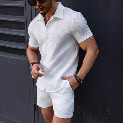 Leisure Breathable Beach Two Piece Suits Mens Summer Casual Short Sleeve Shirt And Shorts Men Outfits Vintage Textured Solid Set