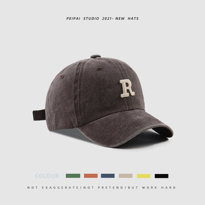 Washed Letter R Stick Ball Cap Casual Patch Sun Hat