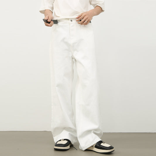 Korean Style Retro Half Elastic Waist Loose Straight Jeans Men's American Style