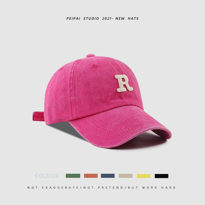 Washed Letter R Stick Ball Cap Casual Patch Sun Hat