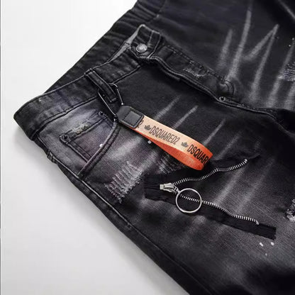 Black And Gray Paint Hole Zipper Decorations Personality Jeans Men