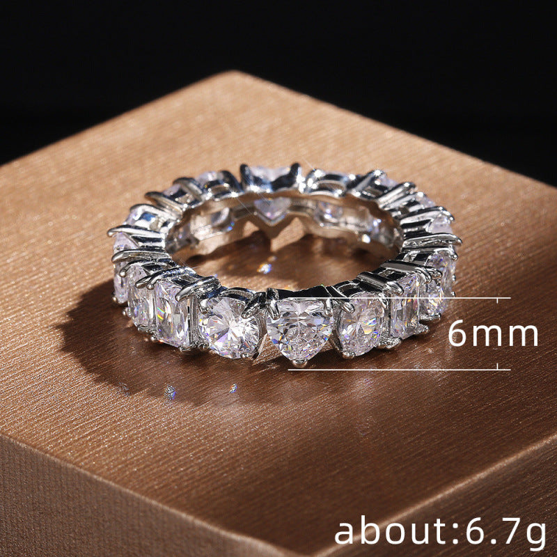 Rectangular Loving Heart Zircon Ring Female Full Circle Fashionable Temperamental All-match White