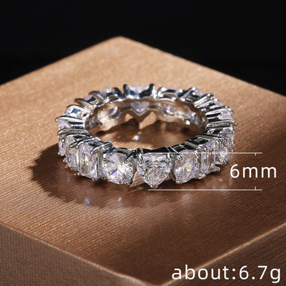 Rectangular Loving Heart Zircon Ring Female Full Circle Fashionable Temperamental All-match White