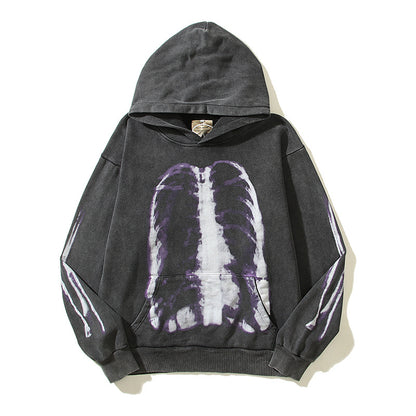 Washed-out Vintage Distressed Skull Bone Hooded Sweater