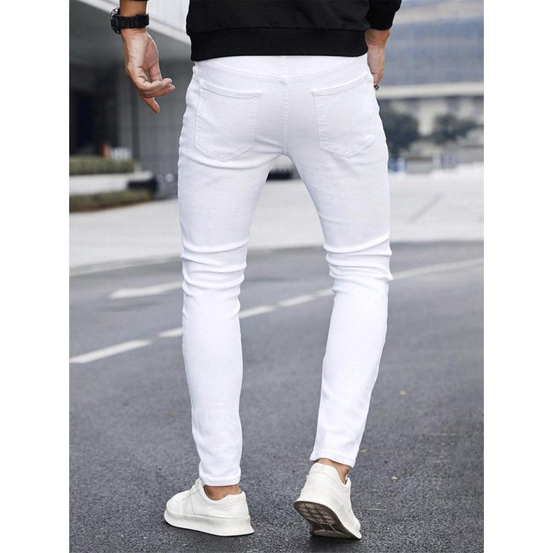 Men's Solid Color Cuffed Straight Jeans Casual And Comfortable Slim Fit
