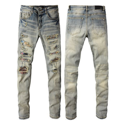 Meigao Street Vintage Crumpled Ripped Cat Beard Patch Printed Jeans Men